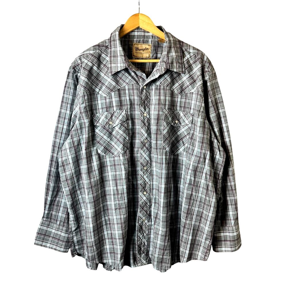 Wrangler Pearl Snap Shirt Mens 2XL Long Sleeve Lightweight Plaid Rodeo Western